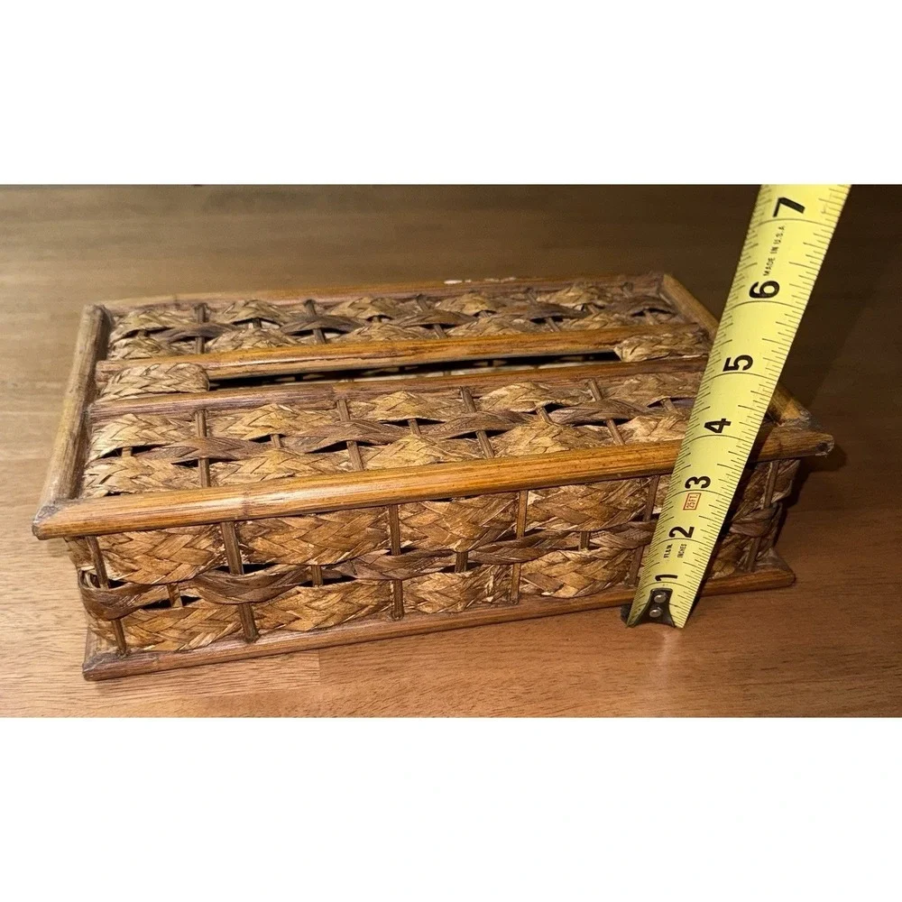 Vintage Woven Wicker Bamboo Tissue Box Cover Rectangular Boho Rattan Holder